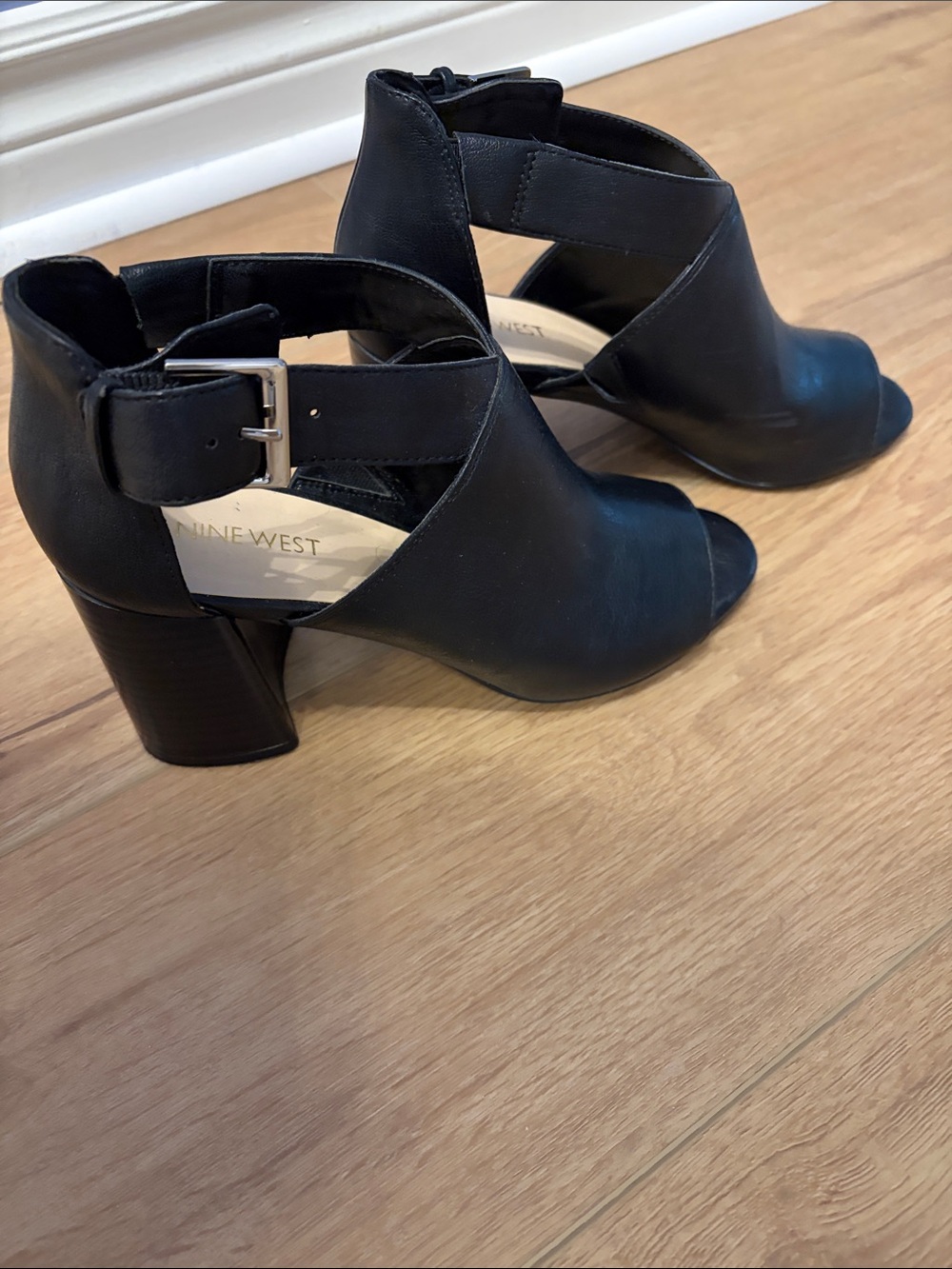 Nine West Black Open-Toe Cutout Block Heels with Ankle Buckle